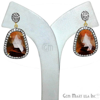 Brown Sapphire With Cubic Zirconia Pave Diamond 39x20mm,Gold Vermeil Dangle Drop Stud Earring - GemMartUSA