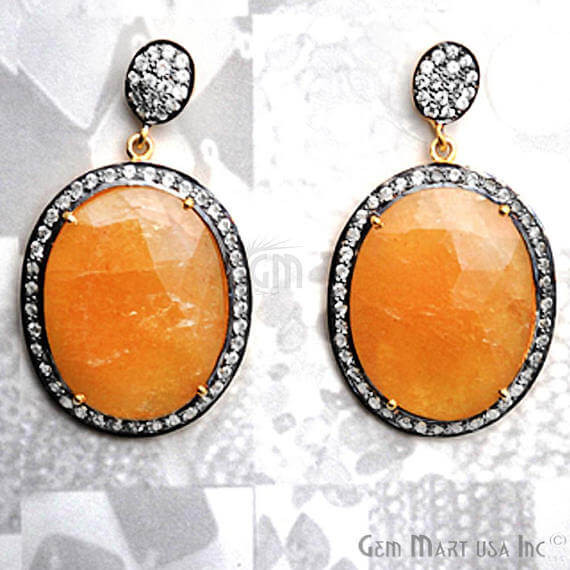 Orange Sapphire With Cubic Zirconia Pave Diamond 41x24mm,Gold Vermeil Dangle Drop Stud Earring - GemMartUSA