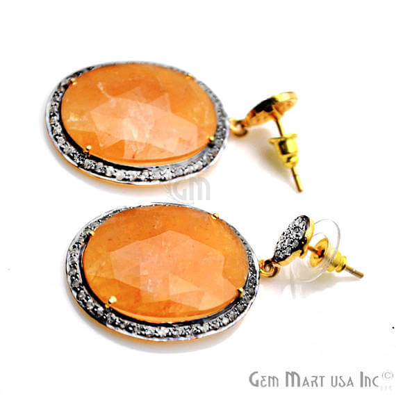 Orange Sapphire With Cubic Zirconia Pave Diamond 41x24mm,Gold Vermeil Dangle Drop Stud Earring - GemMartUSA