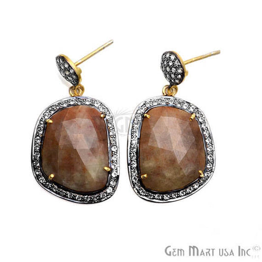 Brown Sapphire With Cubic Zirconia Pave Diamond 21x38mm,Gold Vermeil Dangle Drop Stud Earring - GemMartUSA