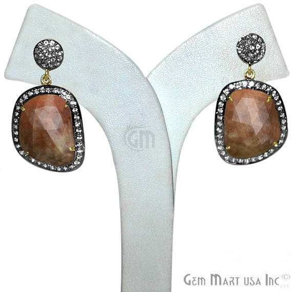 Brown Sapphire With Cubic Zirconia Pave Diamond 21x38mm,Gold Vermeil Dangle Drop Stud Earring - GemMartUSA