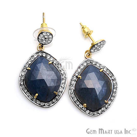 Blue Sapphire With Cubic Zirconia Pave Diamond 38x22mm,Gold Vermeil Dangle Drop Stud Earring - GemMartUSA