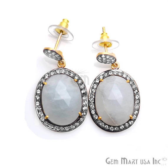 White Sapphire With Cubic Zirconia Pave Diamond 19x36mm,Gold Vermeil Dangle Drop Stud Earring - GemMartUSA