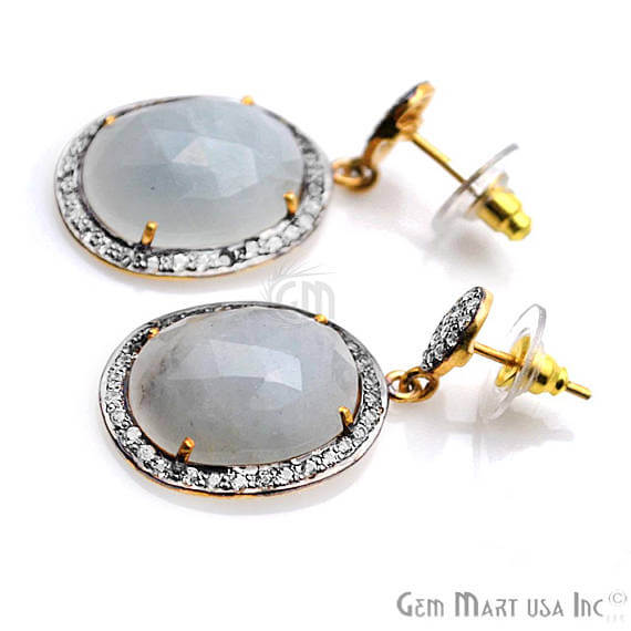 White Sapphire With Cubic Zirconia Pave Diamond 19x36mm,Gold Vermeil Dangle Drop Stud Earring - GemMartUSA