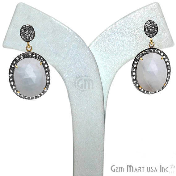 White Sapphire With Cubic Zirconia Pave Diamond 19x36mm,Gold Vermeil Dangle Drop Stud Earring - GemMartUSA