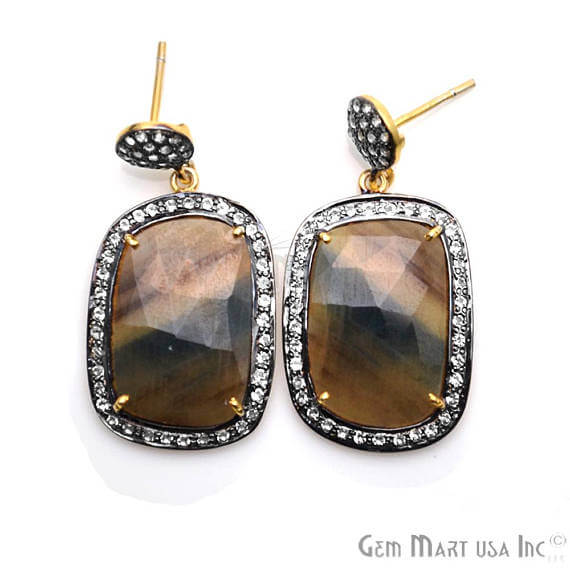 Brown Sapphire With Cubic Zirconia Pave Diamond 40x20mm,Gold Vermeil Dangle Drop Stud Earring - GemMartUSA