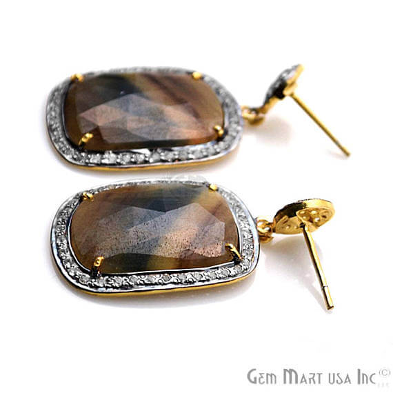 Brown Sapphire With Cubic Zirconia Pave Diamond 40x20mm,Gold Vermeil Dangle Drop Stud Earring - GemMartUSA