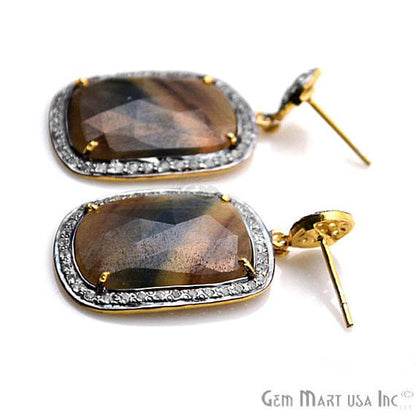 Brown Sapphire With Cubic Zirconia Pave Diamond 40x20mm,Gold Vermeil Dangle Drop Stud Earring - GemMartUSA