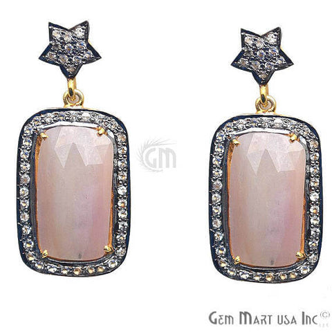 Pink Sapphire With Cubic Zirconia Pave Diamond 40x18mm,Gold Vermeil Dangle Drop Stud Earring - GemMartUSA
