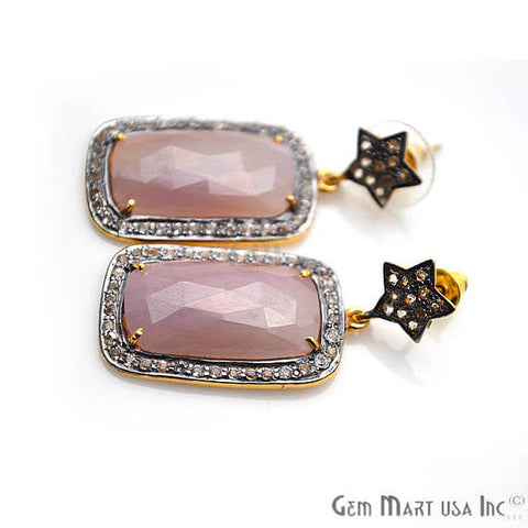 Pink Sapphire With Cubic Zirconia Pave Diamond 40x18mm,Gold Vermeil Dangle Drop Stud Earring - GemMartUSA