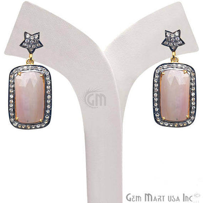 Pink Sapphire With Cubic Zirconia Pave Diamond 40x18mm,Gold Vermeil Dangle Drop Stud Earring - GemMartUSA