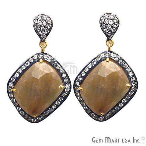 Brown Sapphire With Cubic Zirconia Pave Diamond 40x22mm,Gold Vermeil Dangle Drop Stud Earring - GemMartUSA