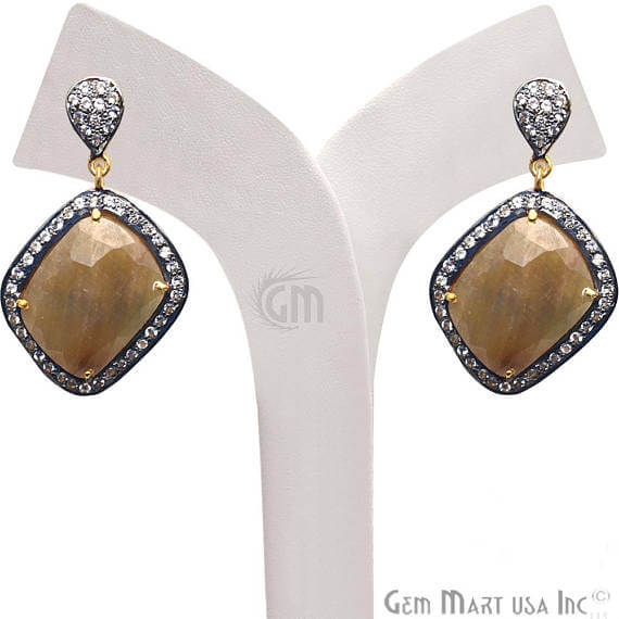 Brown Sapphire With Cubic Zirconia Pave Diamond 40x22mm,Gold Vermeil Dangle Drop Stud Earring - GemMartUSA