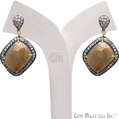 Brown Sapphire With Cubic Zirconia Pave Diamond 40x22mm,Gold Vermeil Dangle Drop Stud Earring - GemMartUSA