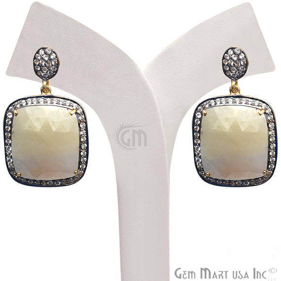 White Sapphire With Cubic Zirconia Pave Diamond 38x23mm,Gold Vermeil Dangle Drop Stud Earring - GemMartUSA