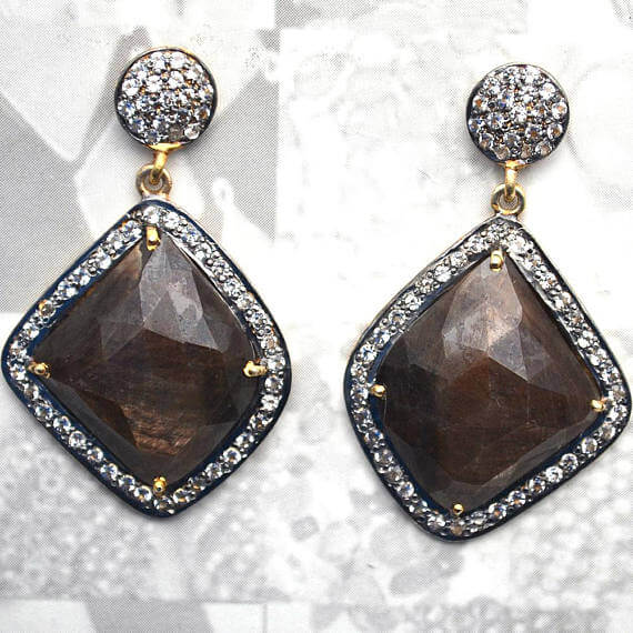 Brown Sapphire With Cubic Zirconia Pave Diamond 25x40mm,Gold Vermeil Dangle Drop Stud Earring - GemMartUSA