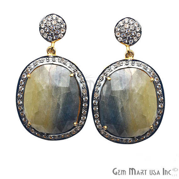 Yellow Sapphire With Cubic Zirconia Pave Diamond 40x24mm,Gold Vermeil Dangle Drop Stud Earring - GemMartUSA