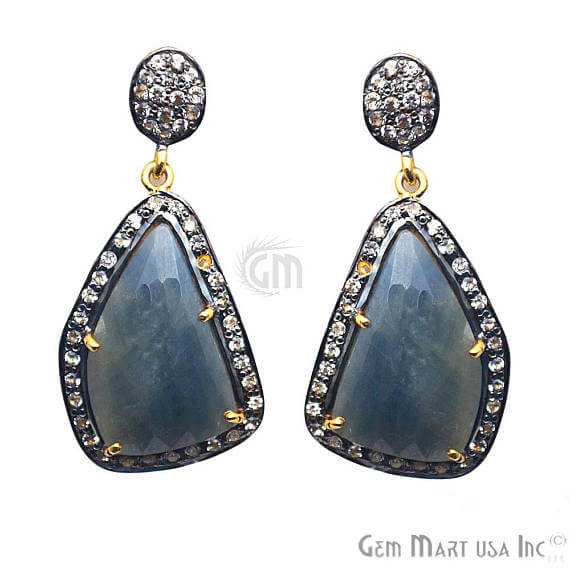 Blue Sapphire With Cubic Zirconia Pave Diamond 18x38mm,Gold Vermeil Dangle Drop Stud Earring - GemMartUSA