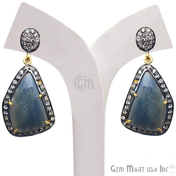 Blue Sapphire With Cubic Zirconia Pave Diamond 18x38mm,Gold Vermeil Dangle Drop Stud Earring - GemMartUSA