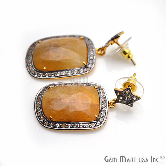 Yellow Sapphire With Cubic Zirconia Pave Diamond 38x20mm,Gold Vermeil Dangle Drop Stud Earring - GemMartUSA