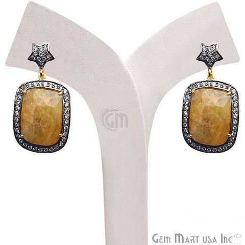 Yellow Sapphire With Cubic Zirconia Pave Diamond 38x20mm,Gold Vermeil Dangle Drop Stud Earring - GemMartUSA