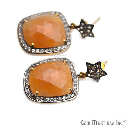 Orange Sapphire With Cubic Zirconia Pave Diamond 20x35mm,Gold Vermeil Dangle Drop Stud Earring - GemMartUSA