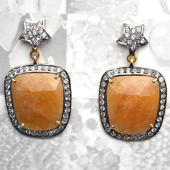 Orange Sapphire With Cubic Zirconia Pave Diamond 20x35mm,Gold Vermeil Dangle Drop Stud Earring - GemMartUSA