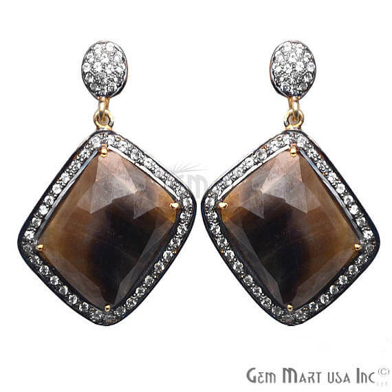 Brown Sapphire With Cubic Zirconia Pave Diamond 43x27mm,Gold Vermeil Dangle Drop Stud Earring - GemMartUSA