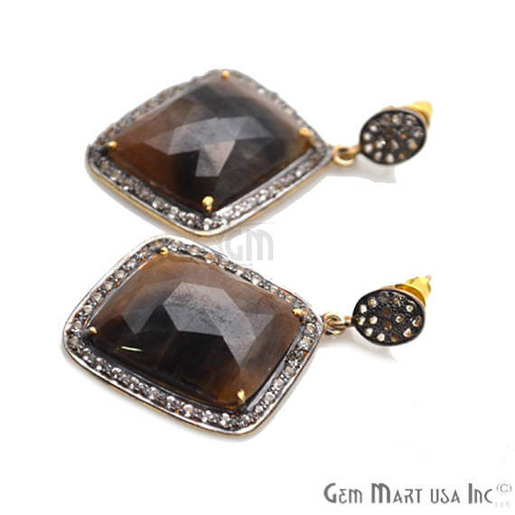 Brown Sapphire With Cubic Zirconia Pave Diamond 43x27mm,Gold Vermeil Dangle Drop Stud Earring - GemMartUSA