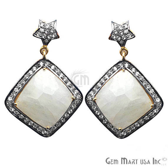 White Sapphire With Cubic Zirconia Pave Diamond 38x25mm,Gold Vermeil Dangle Drop Stud Earring - GemMartUSA