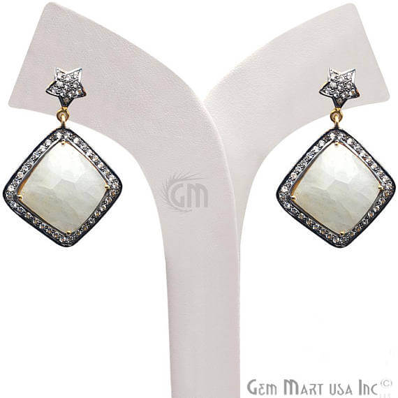 White Sapphire With Cubic Zirconia Pave Diamond 38x25mm,Gold Vermeil Dangle Drop Stud Earring - GemMartUSA
