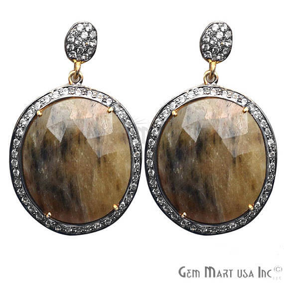 Brown Sapphire With Cubic Zirconia Pave Diamond 27x43mm,Gold Vermeil Dangle Drop Stud Earring - GemMartUSA