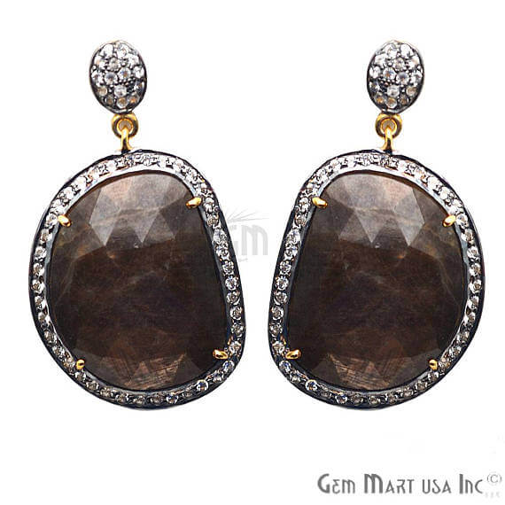 Brown Sapphire With Cubic Zirconia Pave Diamond 43x25mm,Gold Vermeil Dangle Drop Stud Earring - GemMartUSA