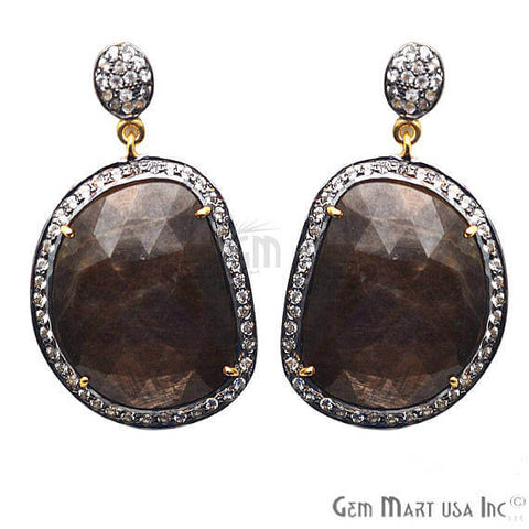 Brown Sapphire With Cubic Zirconia Pave Diamond 43x25mm,Gold Vermeil Dangle Drop Stud Earring - GemMartUSA