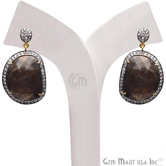 Brown Sapphire With Cubic Zirconia Pave Diamond 43x25mm,Gold Vermeil Dangle Drop Stud Earring - GemMartUSA