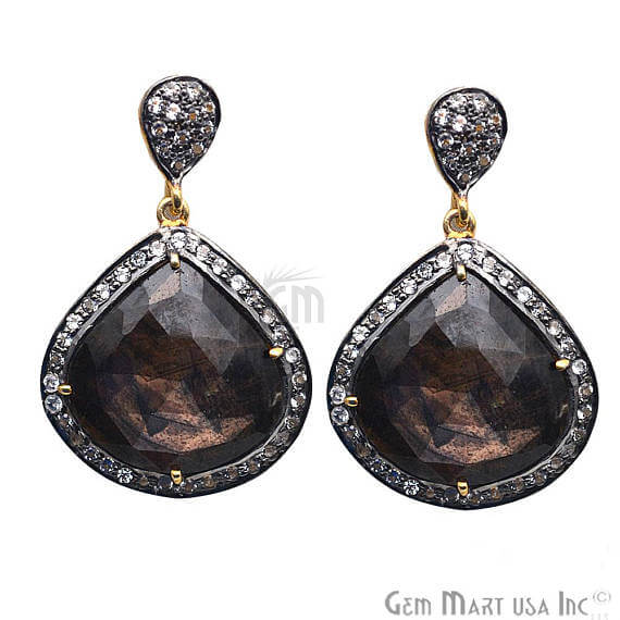 Brown Sapphire With Cubic Zirconia Pave Diamond 39x25mm,Gold Vermeil Dangle Drop Stud Earring - GemMartUSA