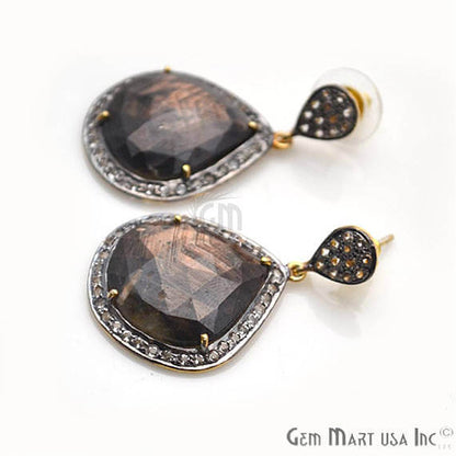 Brown Sapphire With Cubic Zirconia Pave Diamond 39x25mm,Gold Vermeil Dangle Drop Stud Earring - GemMartUSA