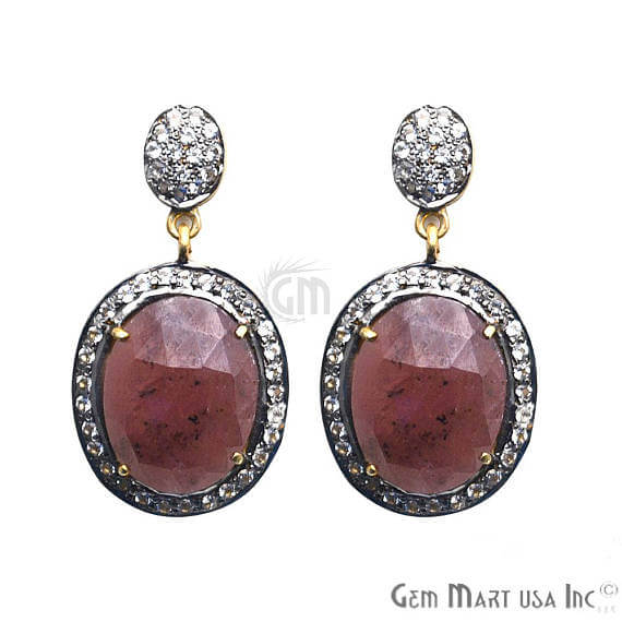 Red Sapphire With Cubic Zirconia Pave Diamond 35x19mm,Gold Vermeil Dangle Drop Stud Earring - GemMartUSA