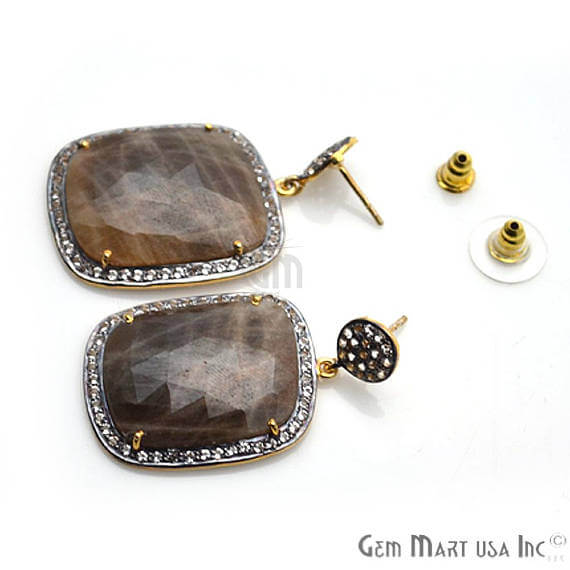 Brown Sapphire With Cubic Zirconia Pave Diamond 25x43mm,Gold Vermeil Dangle Drop Stud Earring - GemMartUSA