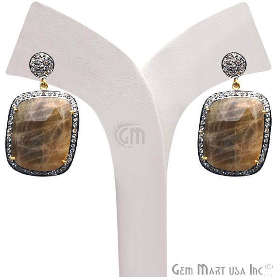 Brown Sapphire With Cubic Zirconia Pave Diamond 25x43mm,Gold Vermeil Dangle Drop Stud Earring - GemMartUSA