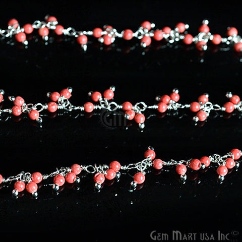 Red Coral Cluster Beads Silver Wire Wrapped Dangle Rosary Chain - GemMartUSA (764187312175)