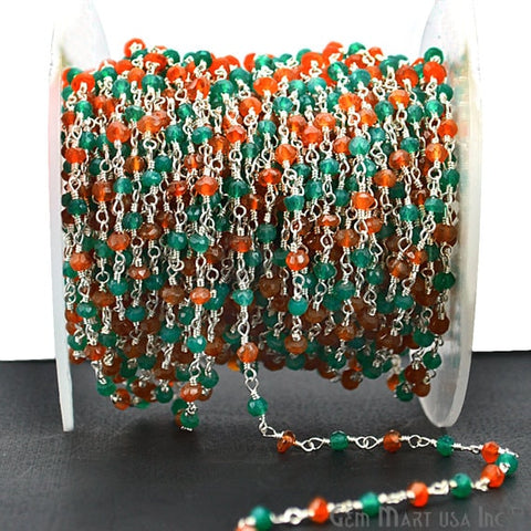 Carnelian With Green Onyx Beads Rosary Chain, Silver Plated Wire Wrapped Rosary Chain - GemMartUSA