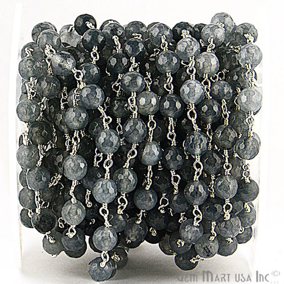 Grey Jade Beads Silver Plated Wire Wrapped Rosary Chain