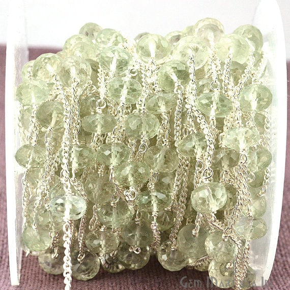 Green Amethyst Rondelle Beads Chain, Silver Plated Wire Wrapped Rosary Chain - GemMartUSA (763839709231)