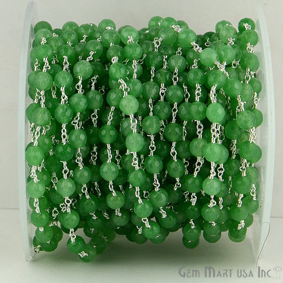 Jade Beads Silver Plated Wire Wrapped Rosary Chain