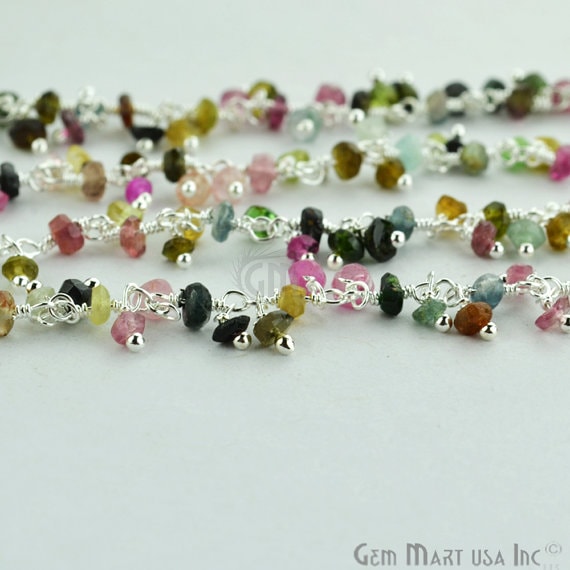 Multi Tourmaline Faceted Beads Silver Plated Cluster Dangle Chain - GemMartUSA (764233252911)