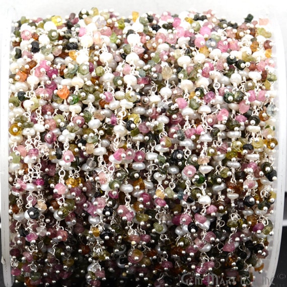 Multi Tourmaline & Pearl Beads Silver Plated Cluster Dangle Chain - GemMartUSA (764233973807)