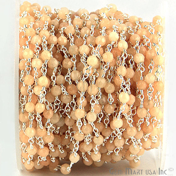 Light Caramel Jade Beads Silver Plated Wire Wrapped Rosary Chain - GemMartUSA (763950530607)