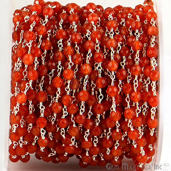 Orange Jade Beads Silver Plated Wire Wrapped Rosary Chain - GemMartUSA (763953872943)