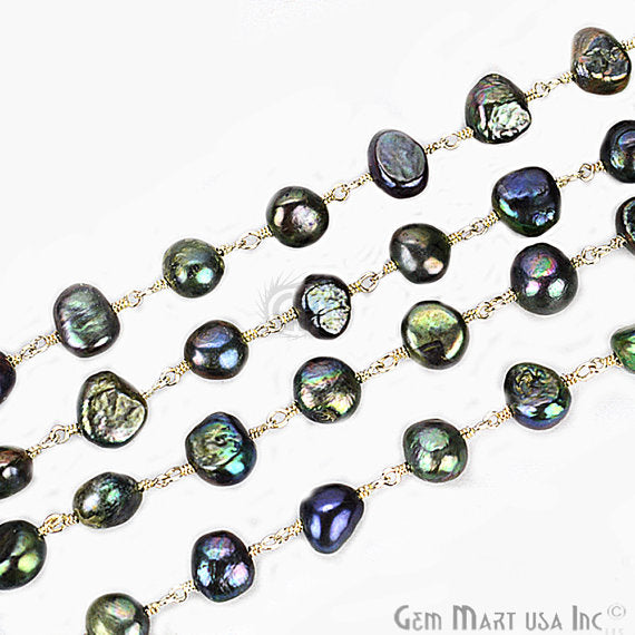 Black Pearl 7-9mm Freeform Silver Plated Wire Wrapped Beads Rosary Chain - GemMartUSA (763955675183)